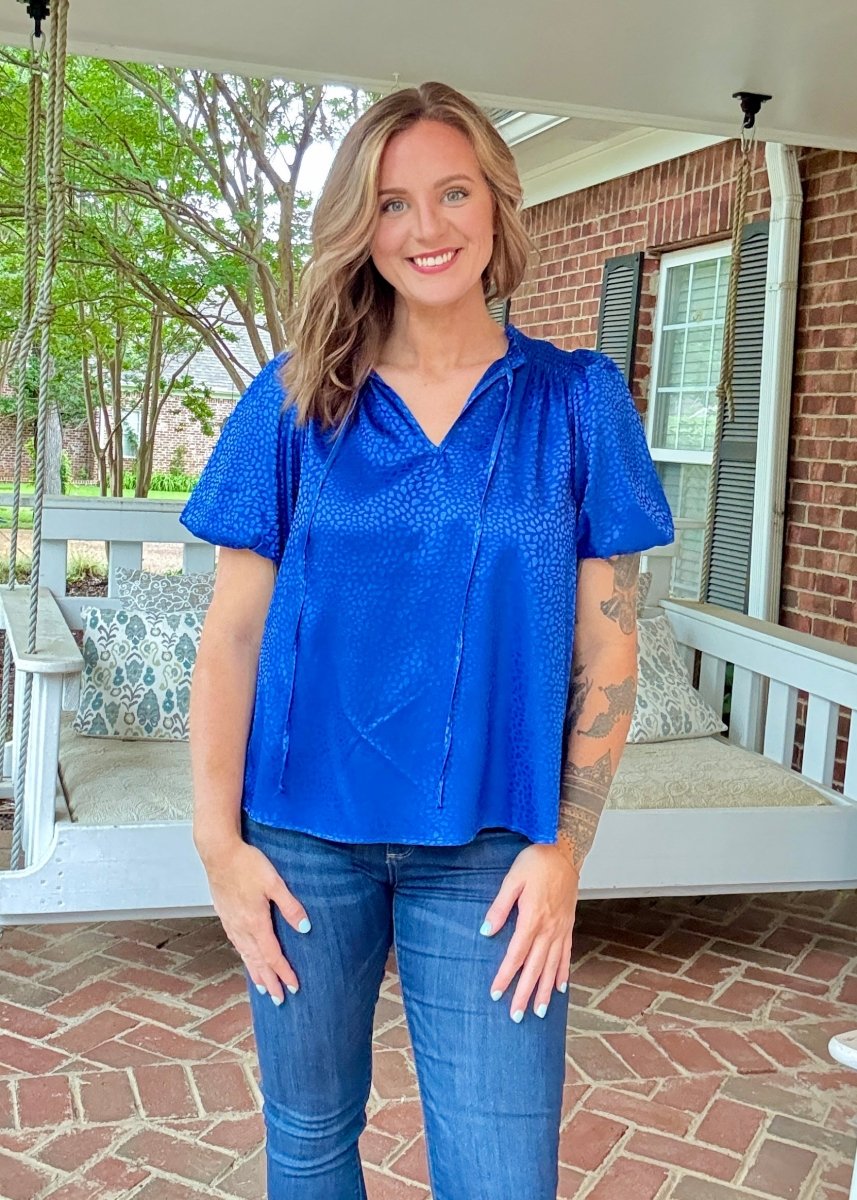 Umgee Smocked Animal Print Top - Cobalt - Shirts & Tops - Jimberly's Boutique - Olive Branch - Mississippi