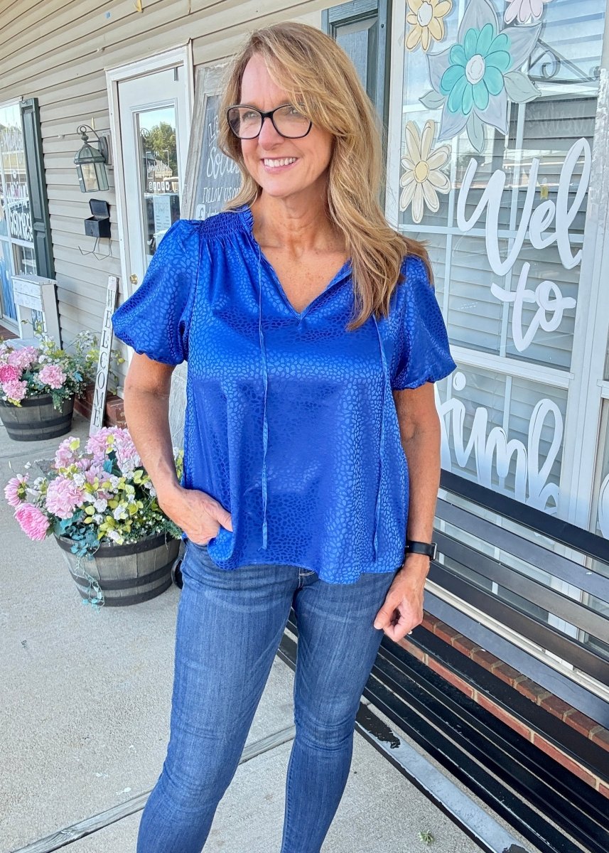 Umgee Smocked Animal Print Top - Cobalt - Shirts & Tops - Jimberly's Boutique - Olive Branch - Mississippi