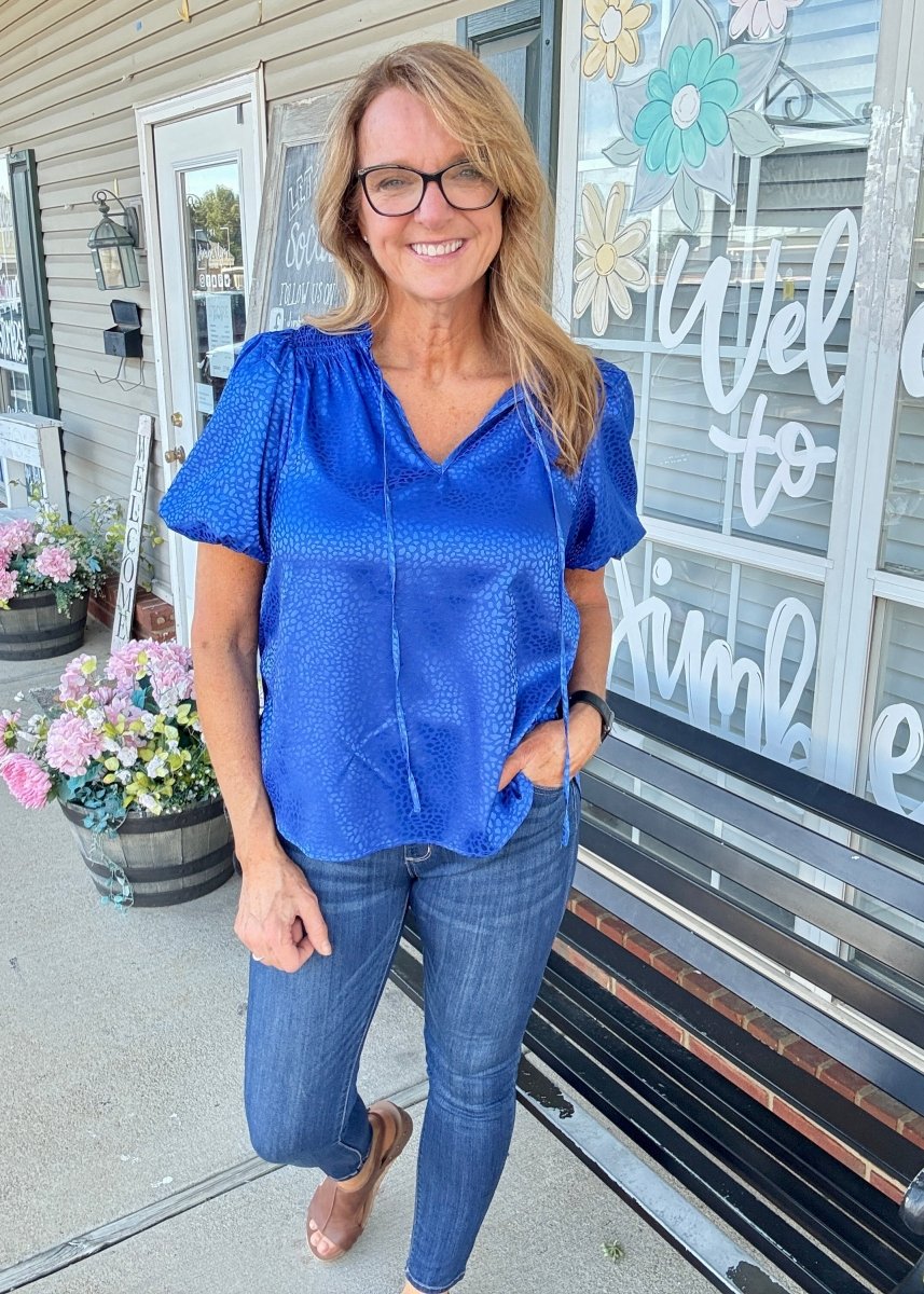 Umgee Smocked Animal Print Top - Cobalt - Shirts & Tops - Jimberly's Boutique - Olive Branch - Mississippi