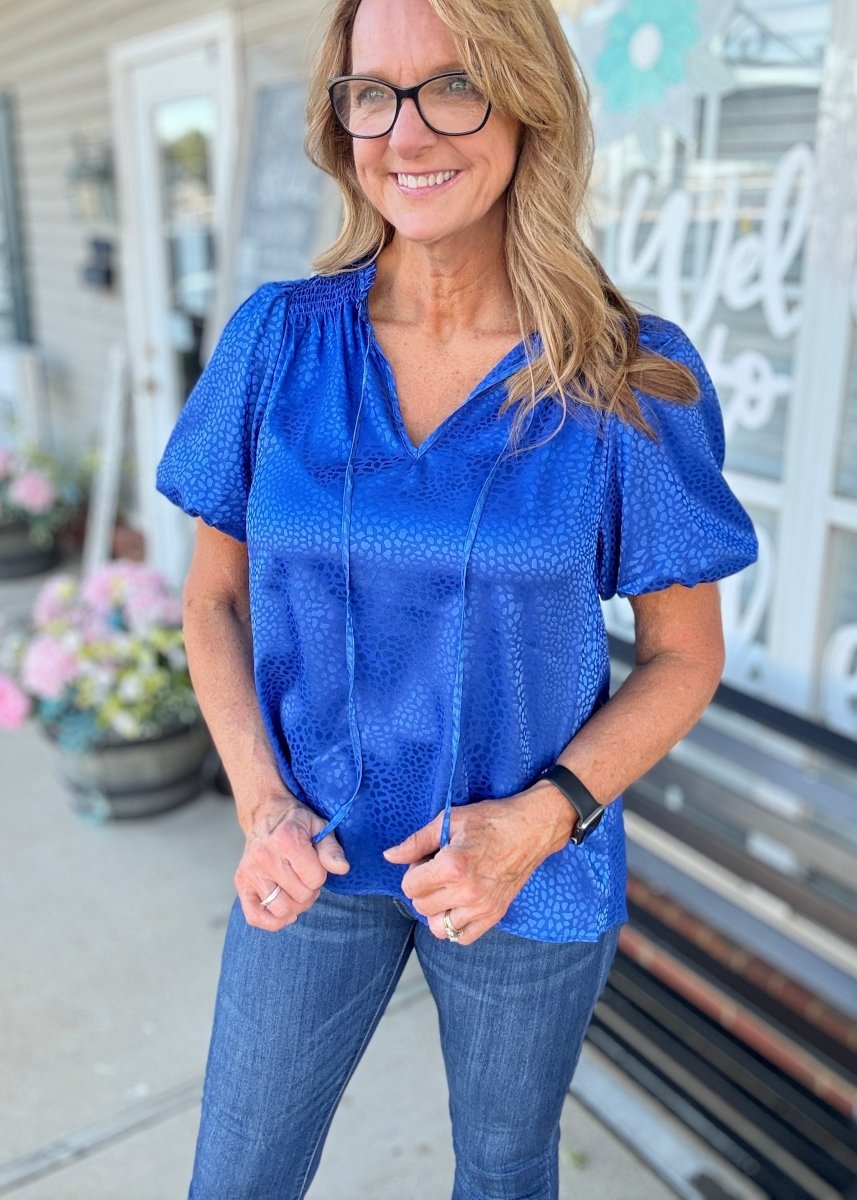 Umgee Smocked Animal Print Top - Cobalt - Shirts & Tops - Jimberly's Boutique - Olive Branch - Mississippi