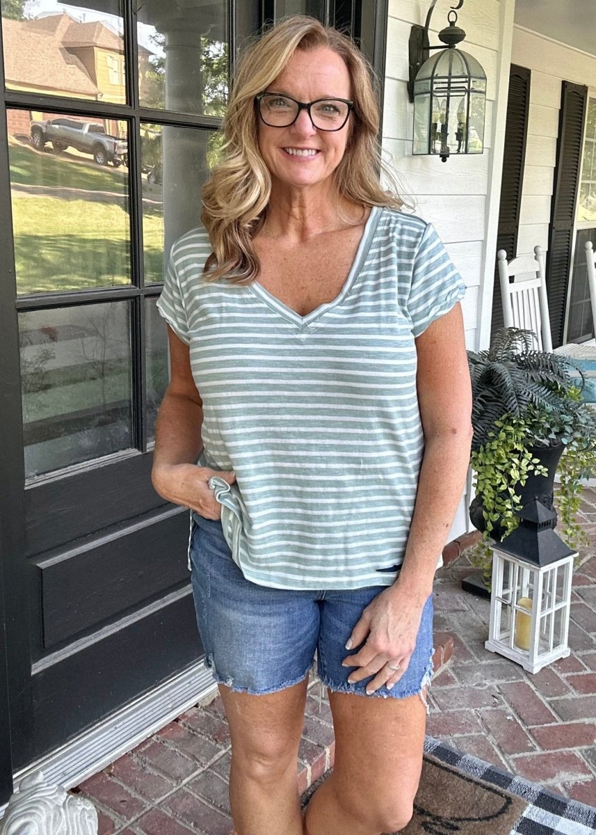 Umgee Striped V Neck Top - Sage - Casual Top -Jimberly's Boutique-Olive Branch-Mississippi