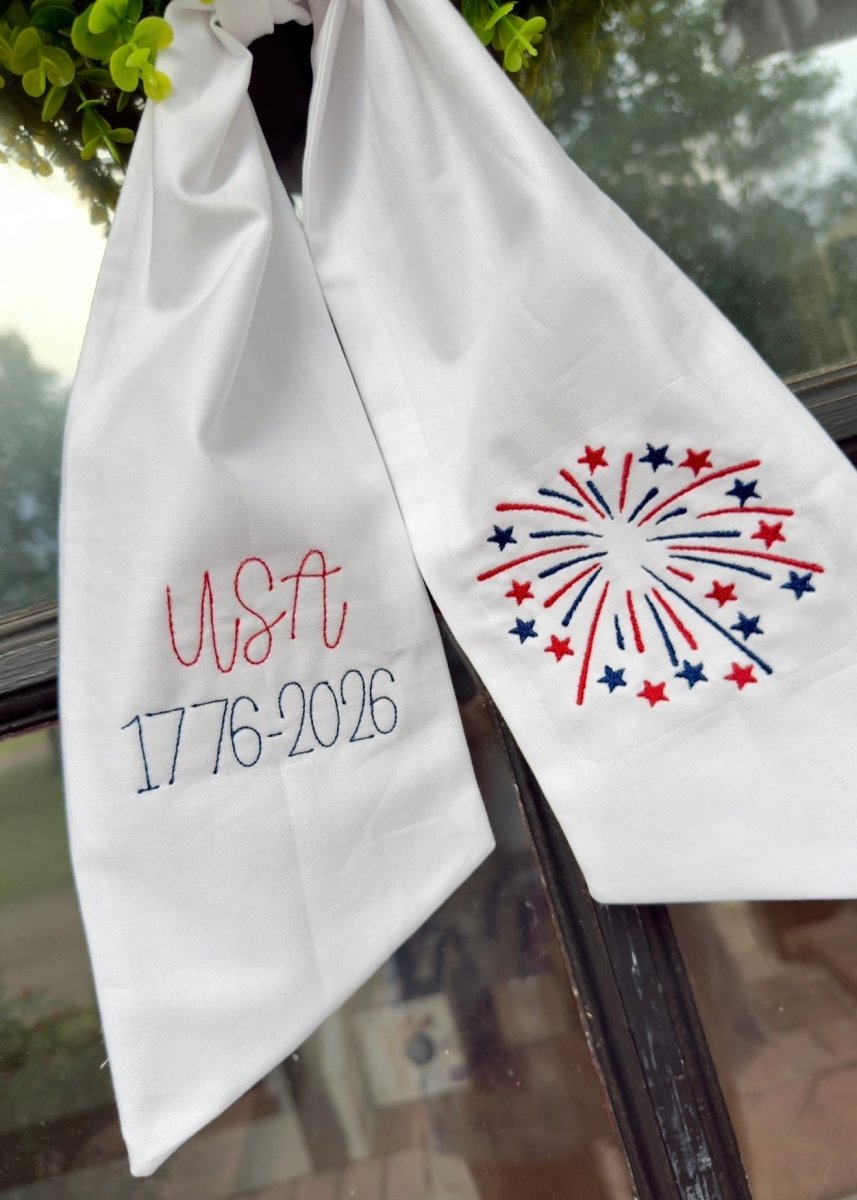 USA/Fireworks Handmade Wreath Sash - Embroidered - Wreath Sash - Jimberly's Boutique - Olive Branch - Mississippi