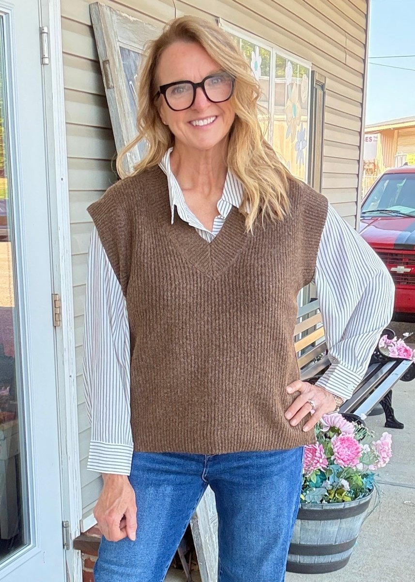 V Neck Sweater Vest - Brown - Jimberly's Boutique-Olive Branch-Mississippi