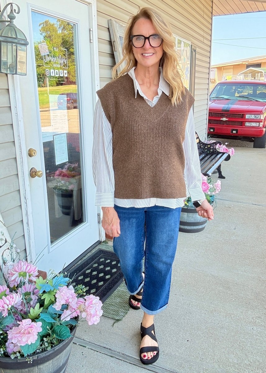 V Neck Sweater Vest - Brown - Jimberly's Boutique-Olive Branch-Mississippi