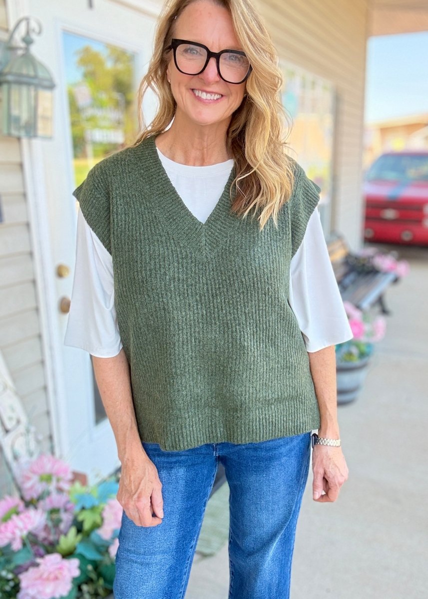 V Neck Sweater Vest - Dark Olive - Jimberly's Boutique-Olive Branch-Mississippi