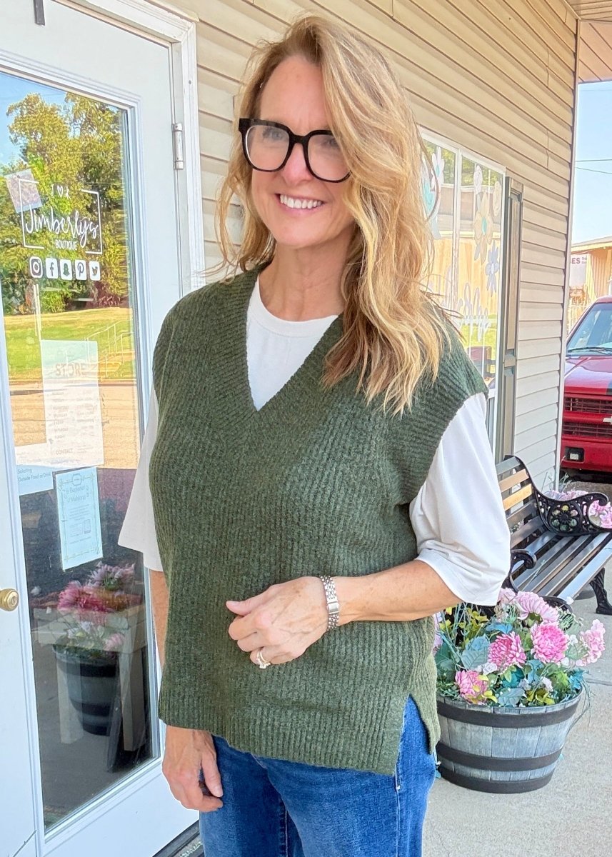 V Neck Sweater Vest - Dark Olive - Jimberly's Boutique-Olive Branch-Mississippi