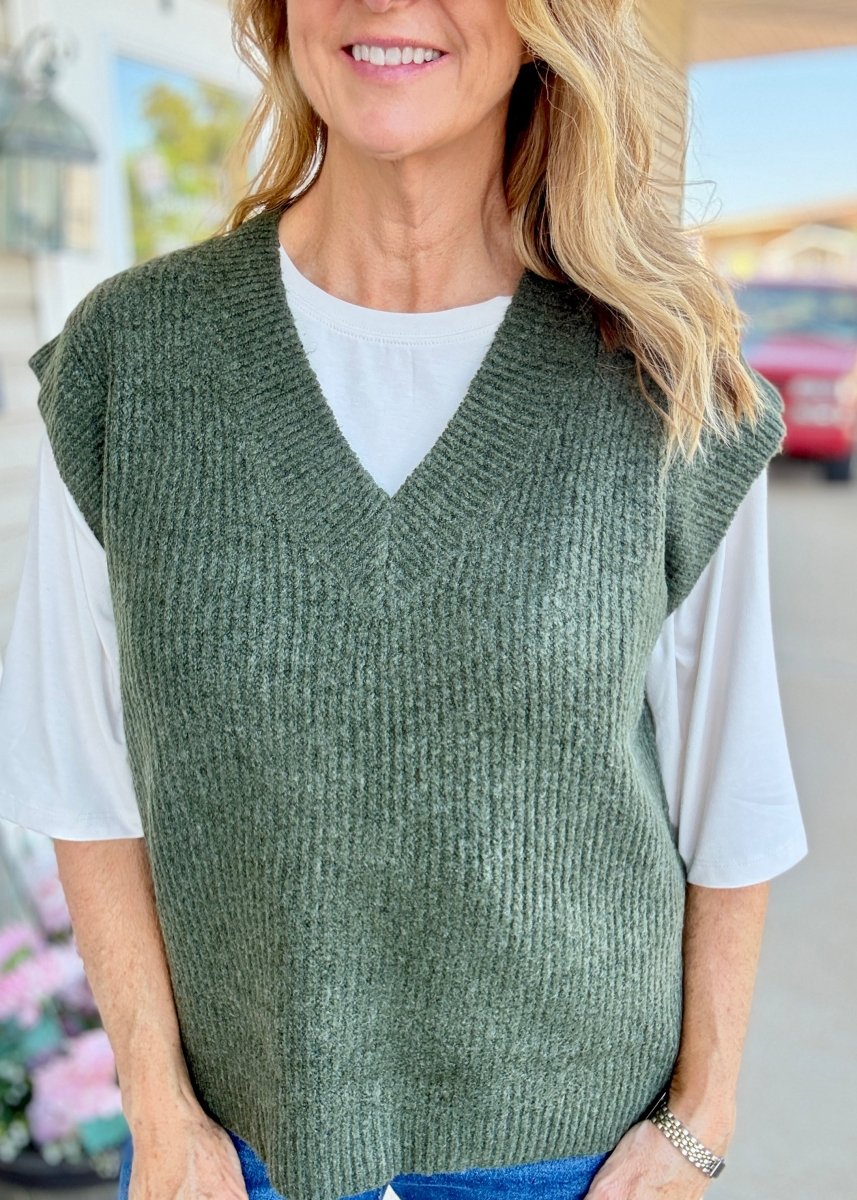 V Neck Sweater Vest - Dark Olive - Jimberly's Boutique-Olive Branch-Mississippi