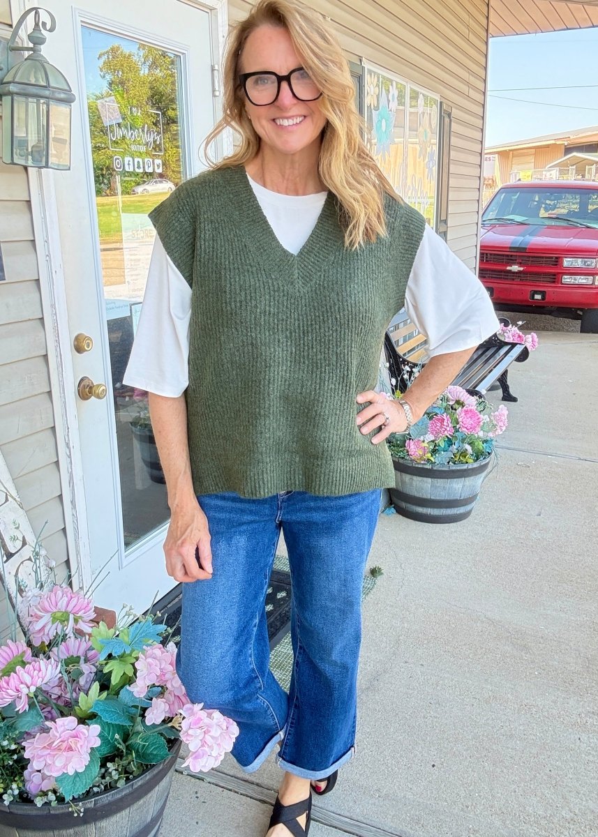 V Neck Sweater Vest - Dark Olive - Jimberly's Boutique-Olive Branch-Mississippi