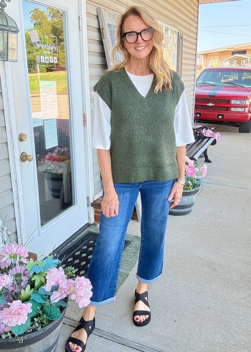 V Neck Sweater Vest - Dark Olive - Jimberly's Boutique-Olive Branch-Mississippi