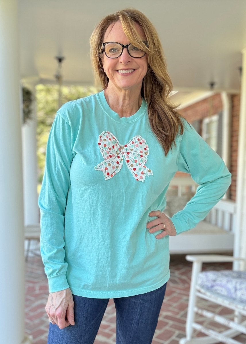 Vintage Bow Applique' LS T Shirt - Chalky Mint | Comfort Colors - casual t shirt - Jimberly's Boutique - Olive Branch - Mississippi