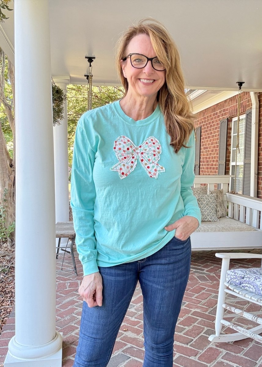 Vintage Bow Applique' LS T Shirt - Chalky Mint | Comfort Colors - casual t shirt - Jimberly's Boutique - Olive Branch - Mississippi