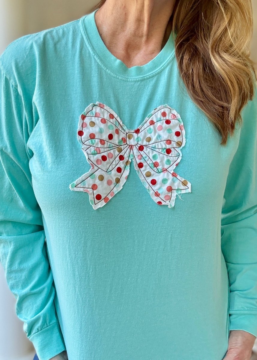 Vintage Bow Applique' LS T Shirt - Chalky Mint | Comfort Colors - casual t shirt - Jimberly's Boutique - Olive Branch - Mississippi