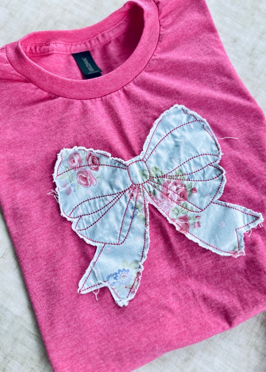 Vintage Bow Applique' T Shirt - Heather Hot Pink | Gildan Softstyle - casual t shirt - Jimberly's Boutique - Olive Branch - Mississippi