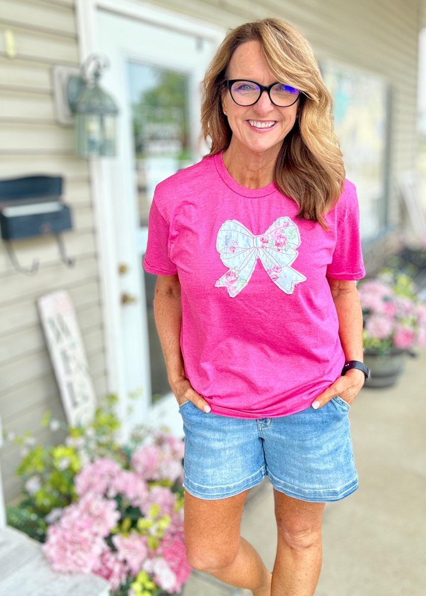 Vintage Bow Applique' T Shirt - Heather Hot Pink | Gildan Softstyle - casual t shirt - Jimberly's Boutique - Olive Branch - Mississippi