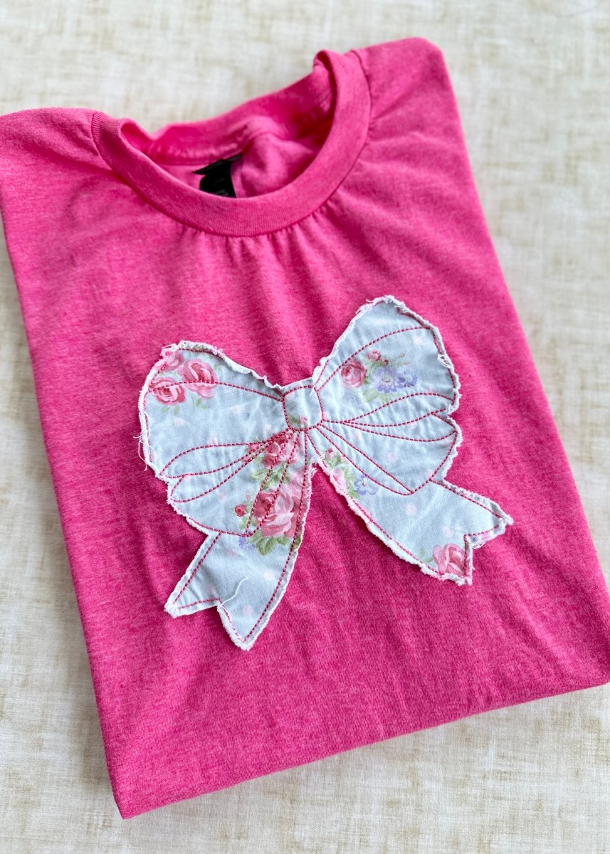 Vintage Bow Applique' T Shirt - Heather Hot Pink | Gildan Softstyle - casual t shirt - Jimberly's Boutique - Olive Branch - Mississippi