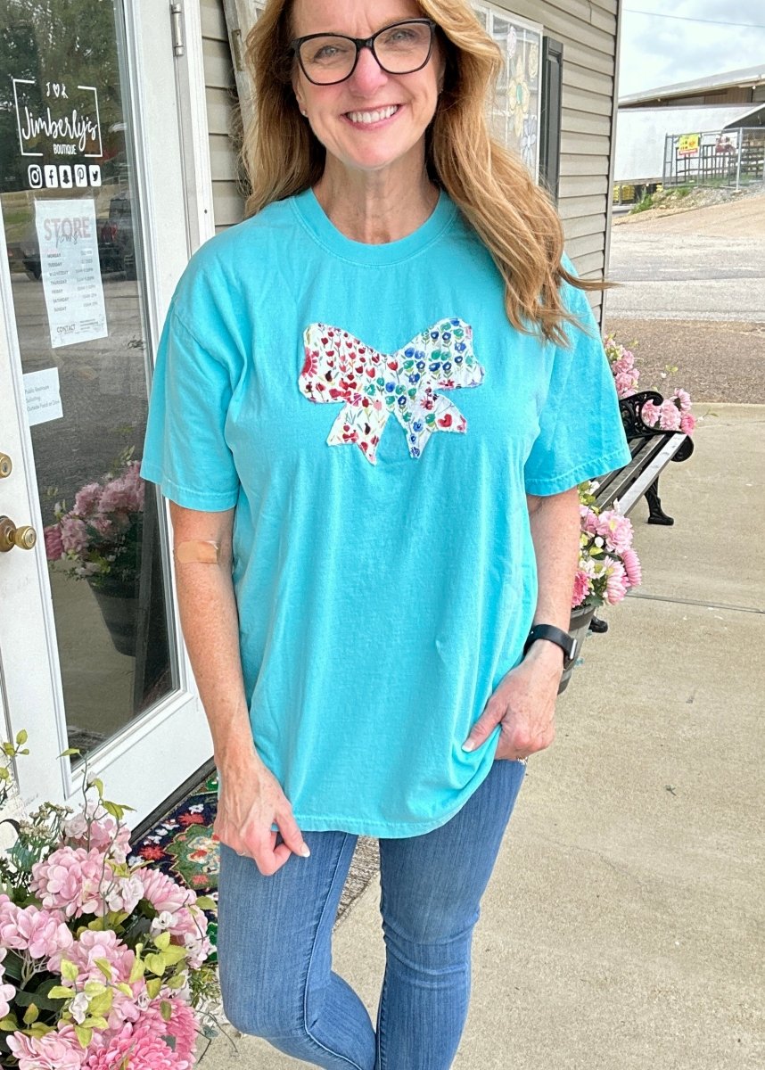 Vintage Bow Applique' T Shirt - Lagoon | Comfort Colors - casual t shirt - Jimberly's Boutique - Olive Branch - Mississippi