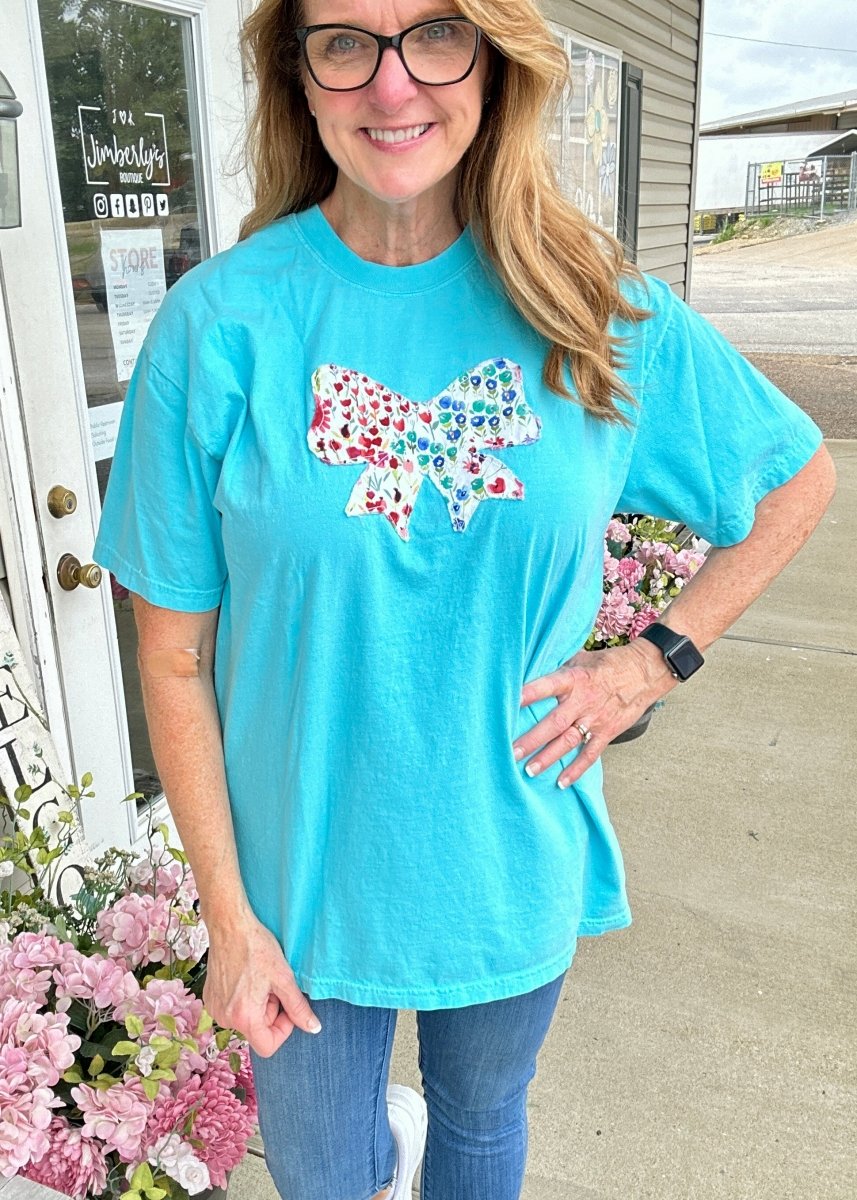 Vintage Bow Applique' T Shirt - Lagoon | Comfort Colors - casual t shirt - Jimberly's Boutique - Olive Branch - Mississippi