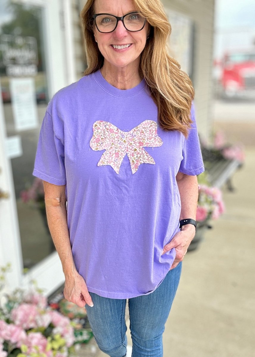 Vintage Bow Applique' T Shirt - Violet | Comfort Colors - casual t shirt - Jimberly's Boutique - Olive Branch - Mississippi