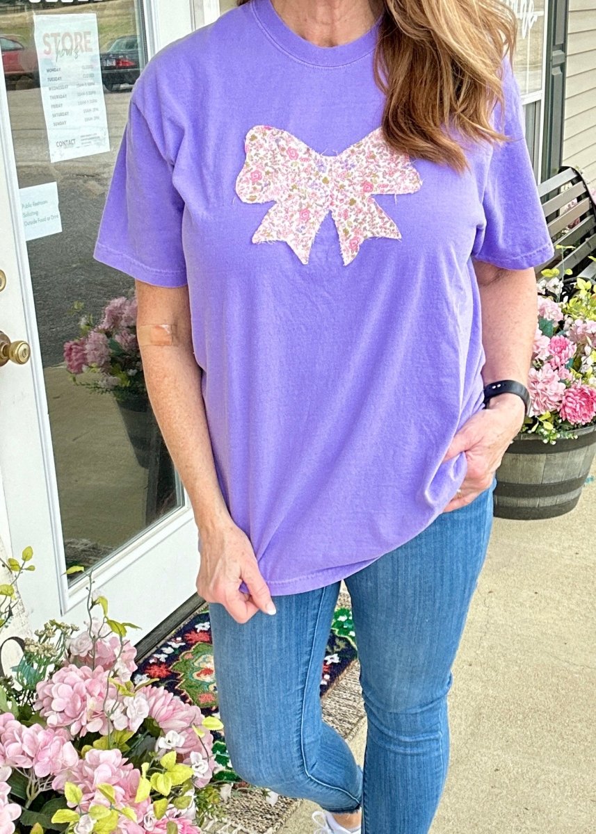 Vintage Bow Applique' T Shirt - Violet | Comfort Colors - casual t shirt - Jimberly's Boutique - Olive Branch - Mississippi