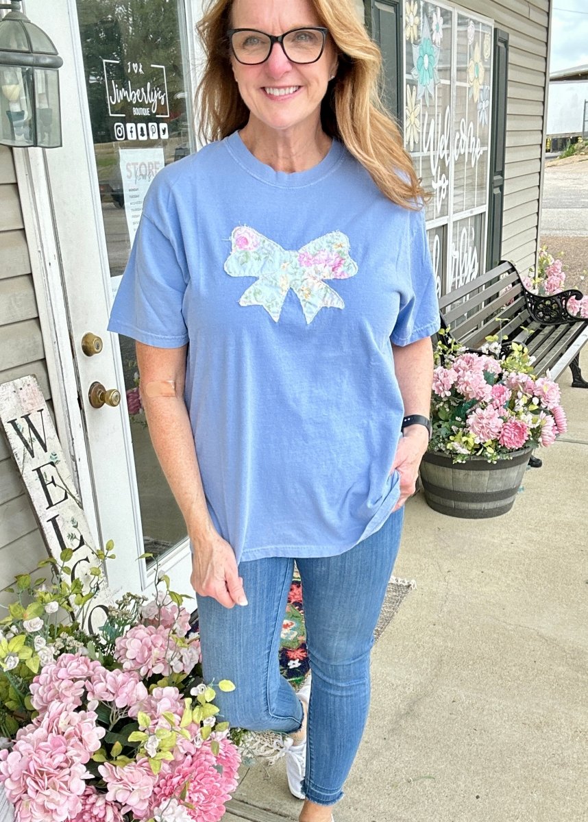 Vintage Bow Applique' T Shirt - Washed Denim | Comfort Colors - casual t shirt - Jimberly's Boutique - Olive Branch - Mississippi