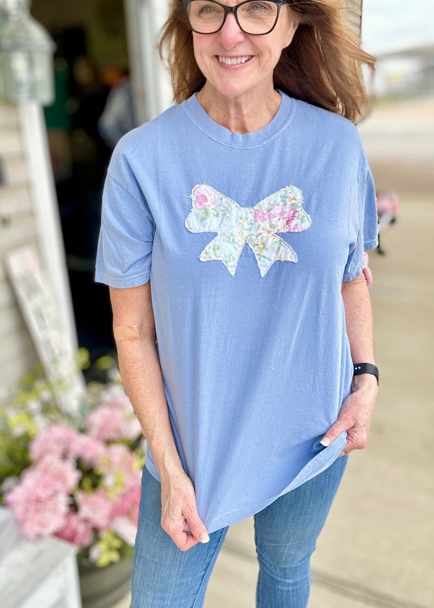 Vintage Bow Applique' T Shirt - Washed Denim | Comfort Colors - casual t shirt - Jimberly's Boutique - Olive Branch - Mississippi