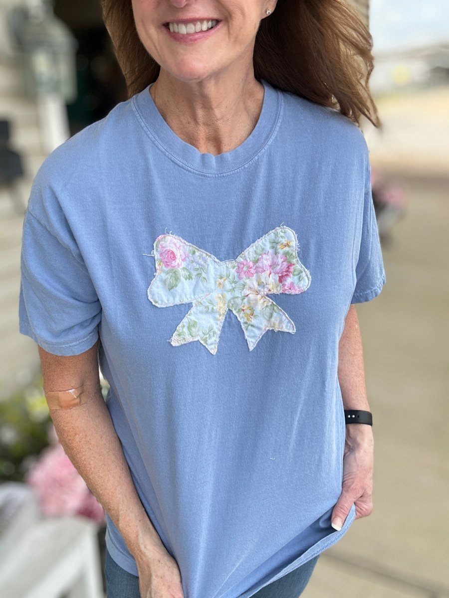 Vintage Bow Applique' T Shirt - Washed Denim | Comfort Colors - casual t shirt - Jimberly's Boutique - Olive Branch - Mississippi
