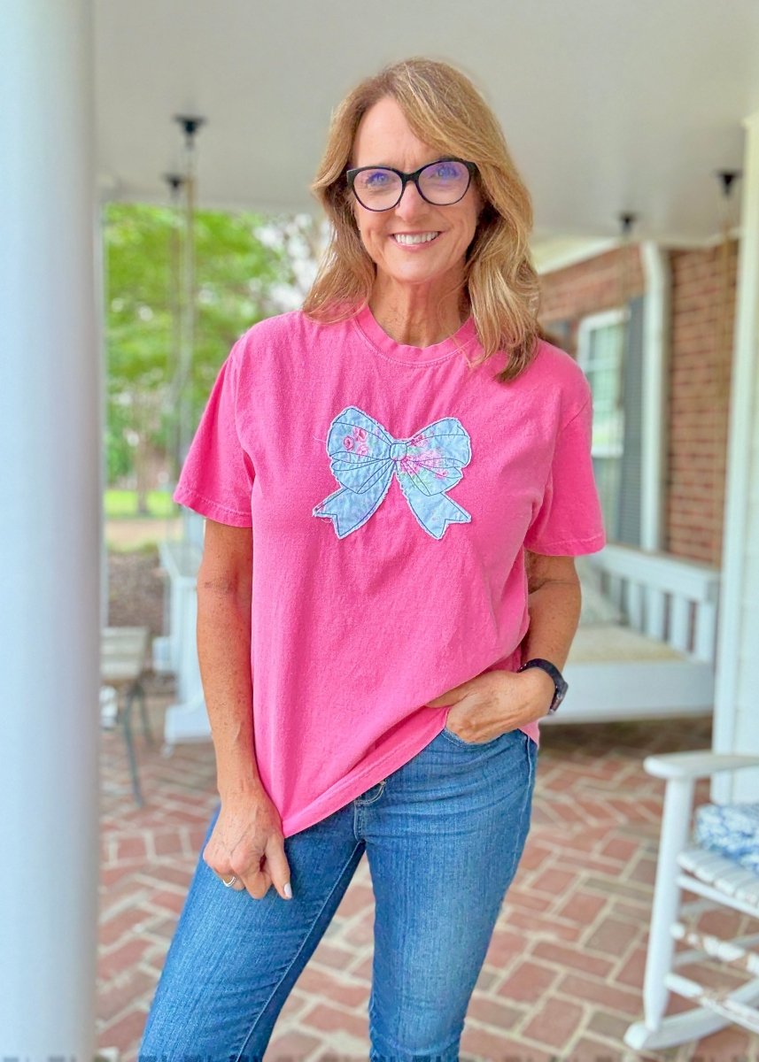 Vintage Bow Applique' T Shirt - Watermelon | Comfort Colors - casual t shirt - Jimberly's Boutique - Olive Branch - Mississippi
