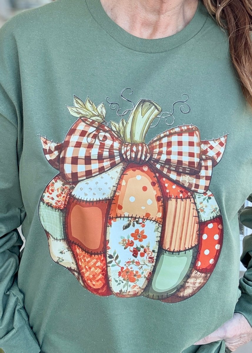 Vintage Patchwork Pumpkin Long Sleeve - Long Sleeve Graphic Tee - Jimberly's Boutique - Olive Branch - Mississippi