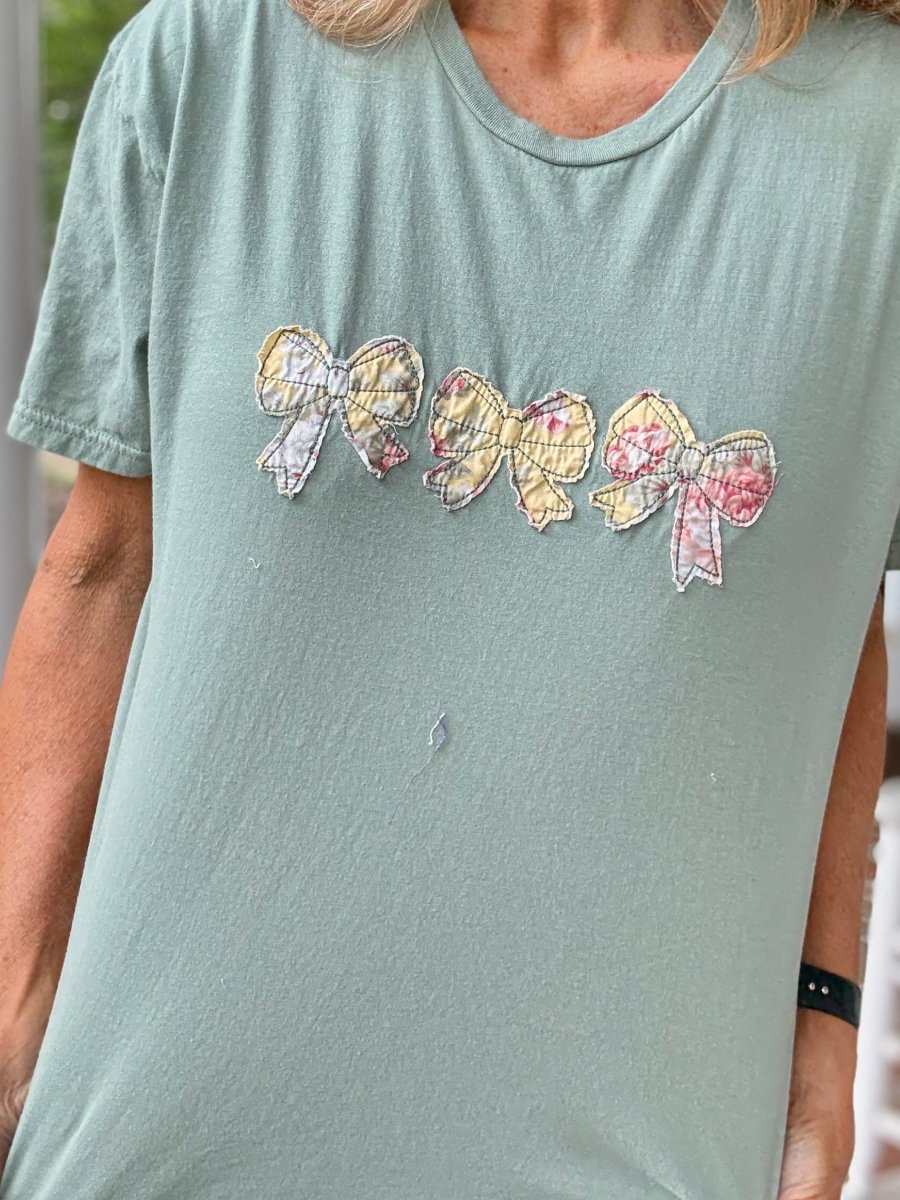 Vintage Triple Bow Applique' T Shirt - Sage Green | Gildan Softstyle - casual t shirt - Jimberly's Boutique - Olive Branch - Mississippi