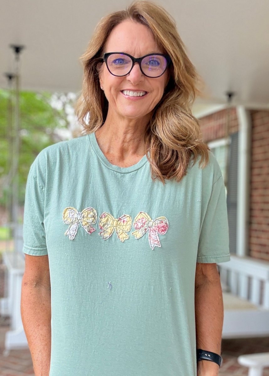 Vintage Triple Bow Applique' T Shirt - Sage Green | Gildan Softstyle - casual t shirt - Jimberly's Boutique - Olive Branch - Mississippi