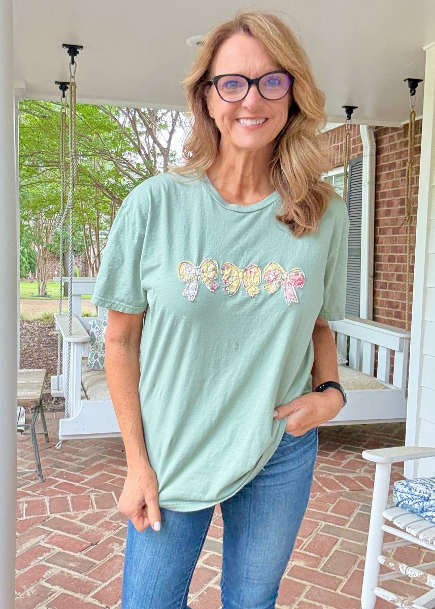 Vintage Triple Bow Applique' T Shirt - Sage Green | Gildan Softstyle - casual t shirt - Jimberly's Boutique - Olive Branch - Mississippi