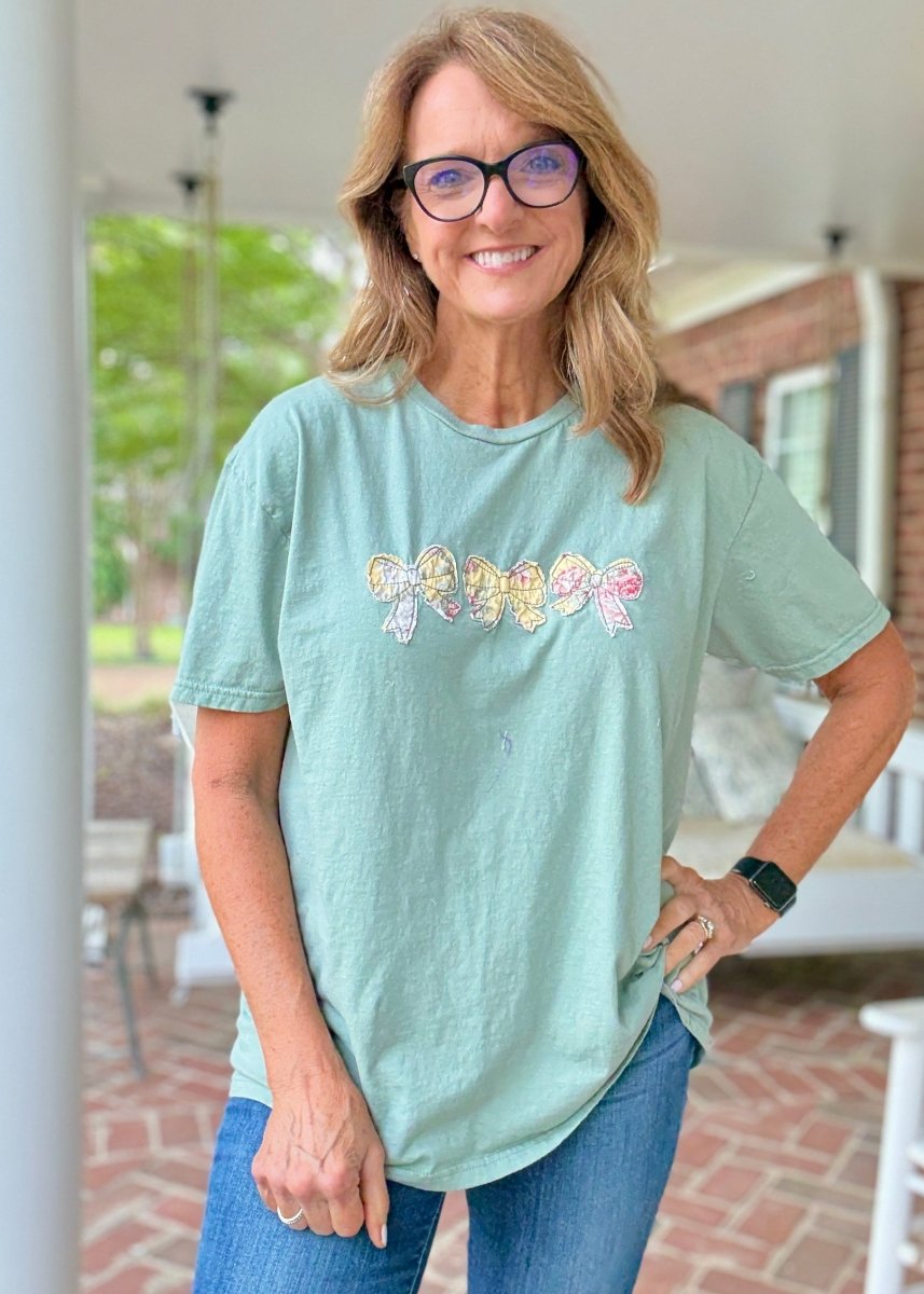 Vintage Triple Bow Applique' T Shirt - Sage Green | Gildan Softstyle - casual t shirt - Jimberly's Boutique - Olive Branch - Mississippi