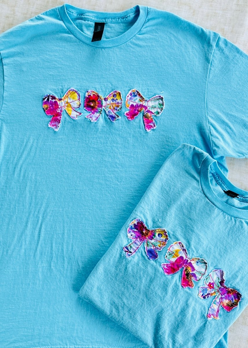 Vintage Triple Bow Applique' T Shirt - Sky Blue | Gildan Softstyle - casual t shirt - Jimberly's Boutique - Olive Branch - Mississippi