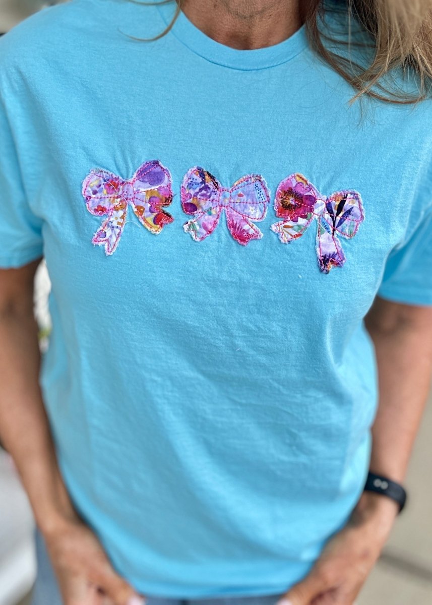 Vintage Triple Bow Applique' T Shirt - Sky Blue | Gildan Softstyle - casual t shirt - Jimberly's Boutique - Olive Branch - Mississippi