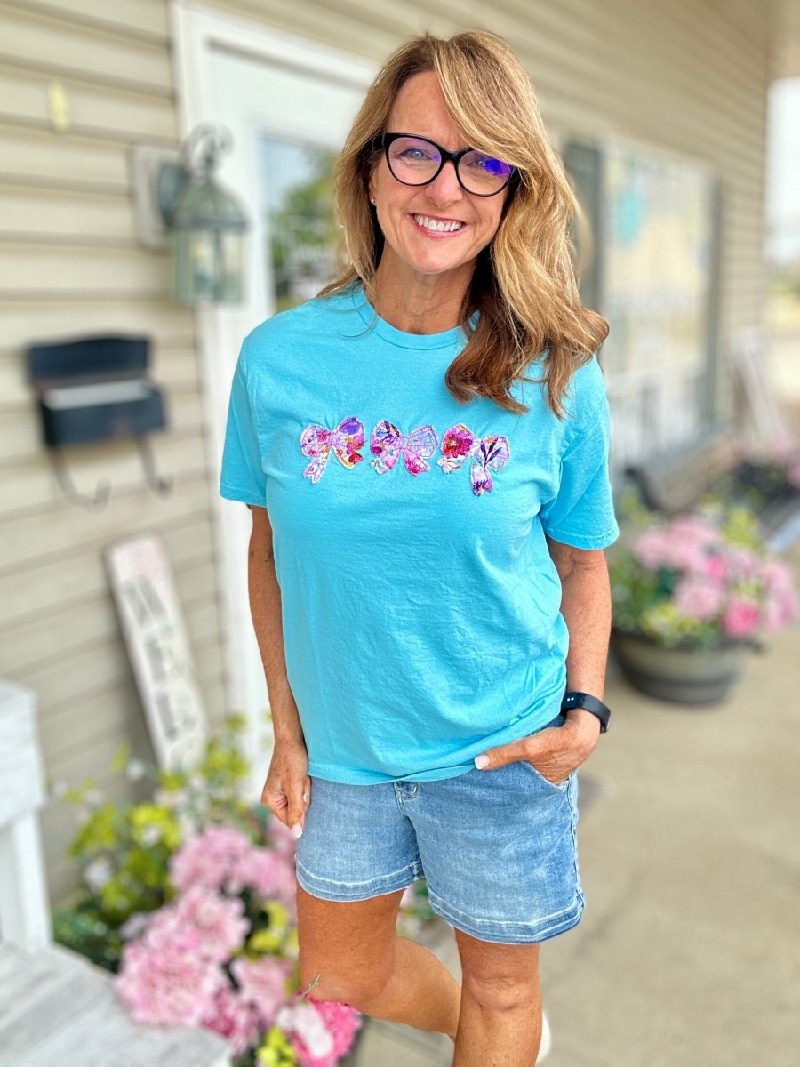 Vintage Triple Bow Applique' T Shirt - Sky Blue | Gildan Softstyle - casual t shirt - Jimberly's Boutique - Olive Branch - Mississippi