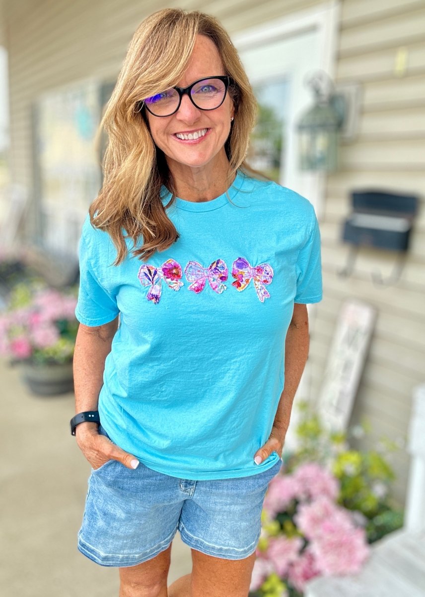 Vintage Triple Bow Applique' T Shirt - Sky Blue | Gildan Softstyle - casual t shirt - Jimberly's Boutique - Olive Branch - Mississippi