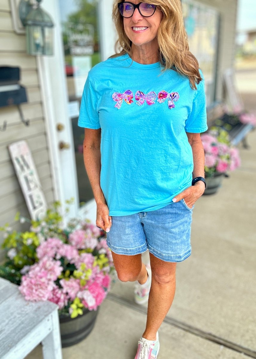 Vintage Triple Bow Applique' T Shirt - Sky Blue | Gildan Softstyle - casual t shirt - Jimberly's Boutique - Olive Branch - Mississippi