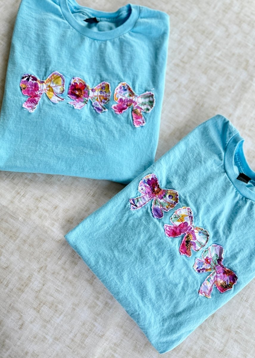 Vintage Triple Bow Applique' T Shirt - Sky Blue | Gildan Softstyle - casual t shirt - Jimberly's Boutique - Olive Branch - Mississippi