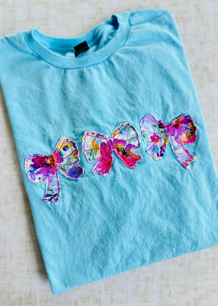 Vintage Triple Bow Applique' T Shirt - Sky Blue | Gildan Softstyle - casual t shirt - Jimberly's Boutique - Olive Branch - Mississippi