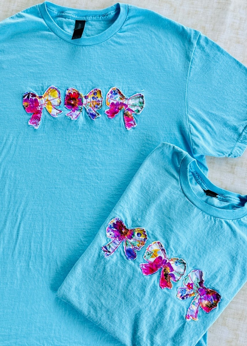 Vintage Triple Bow Applique' T Shirt - Sky Blue | Gildan Softstyle - casual t shirt - Jimberly's Boutique - Olive Branch - Mississippi