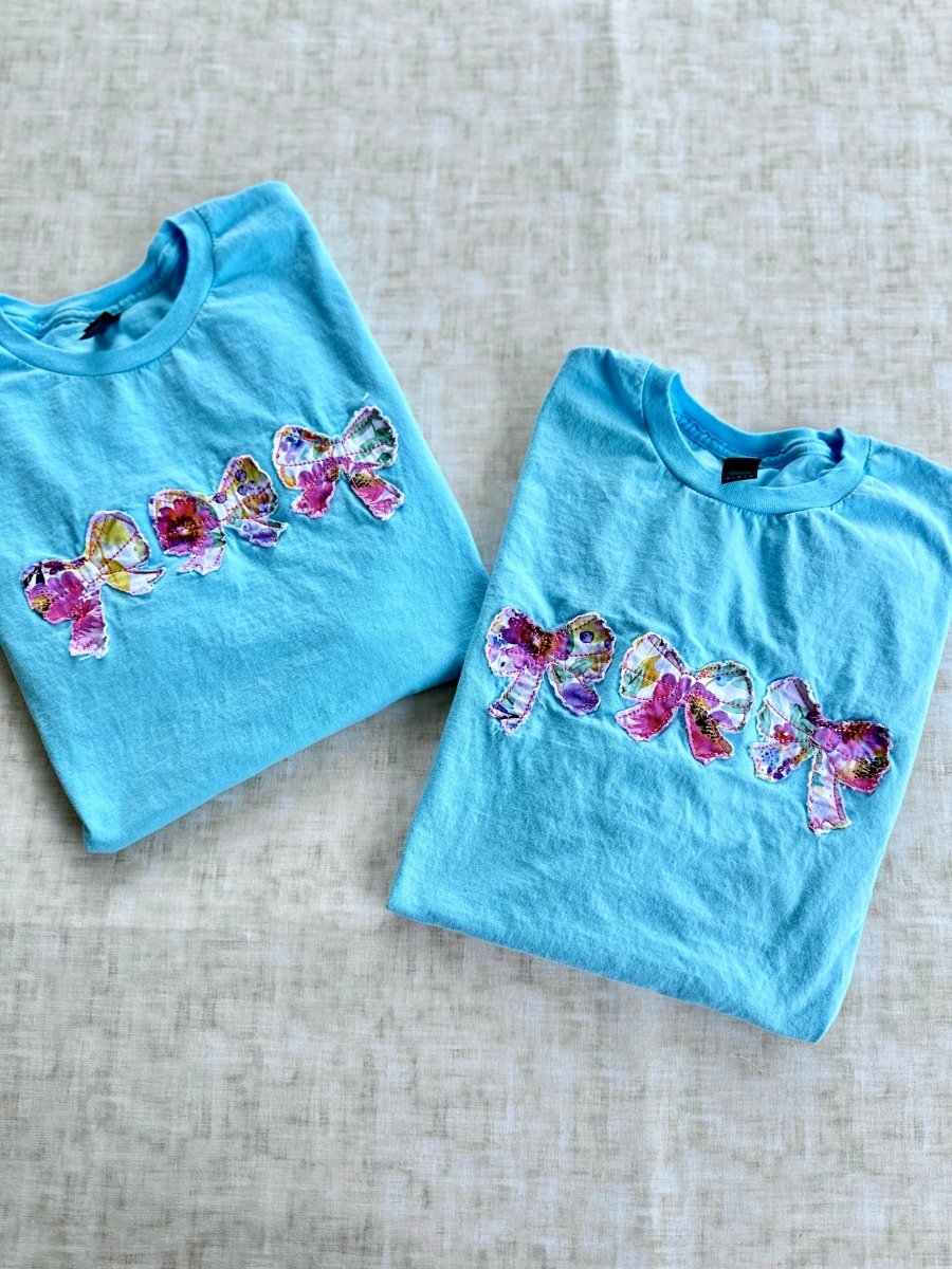 Vintage Triple Bow Applique' T Shirt - Sky Blue | Gildan Softstyle - casual t shirt - Jimberly's Boutique - Olive Branch - Mississippi