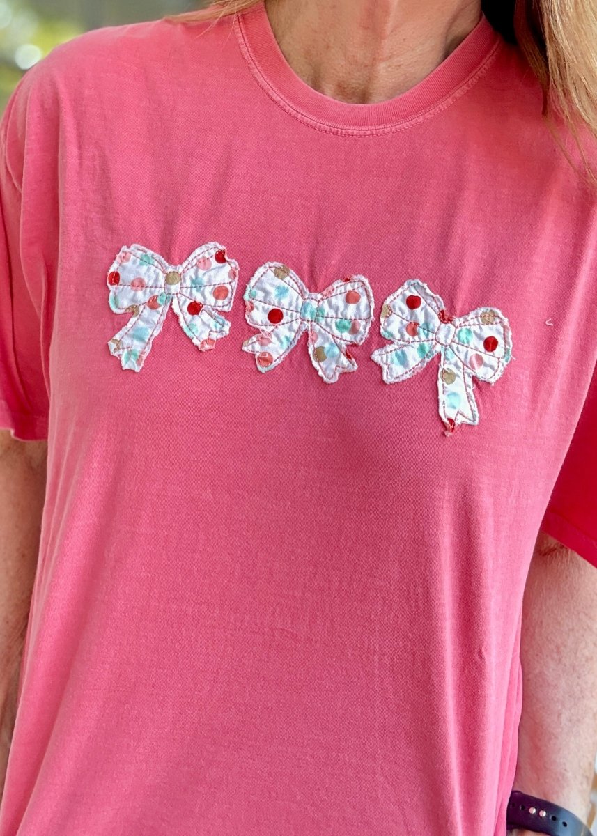 Vintage Triple Bow Applique' T Shirt - Watermelon - casual t shirt - Jimberly's Boutique - Olive Branch - Mississippi