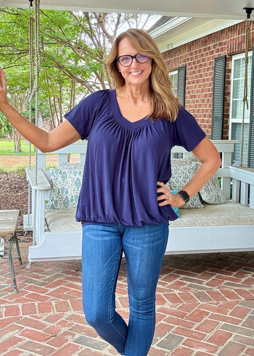 Vivian V Neck Shirring Top - Navy - Casual Top - Jimberly's Boutique - Olive Branch - Mississippi