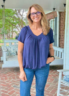 Vivian V Neck Shirring Top - Navy - Casual Top - Jimberly's Boutique - Olive Branch - Mississippi