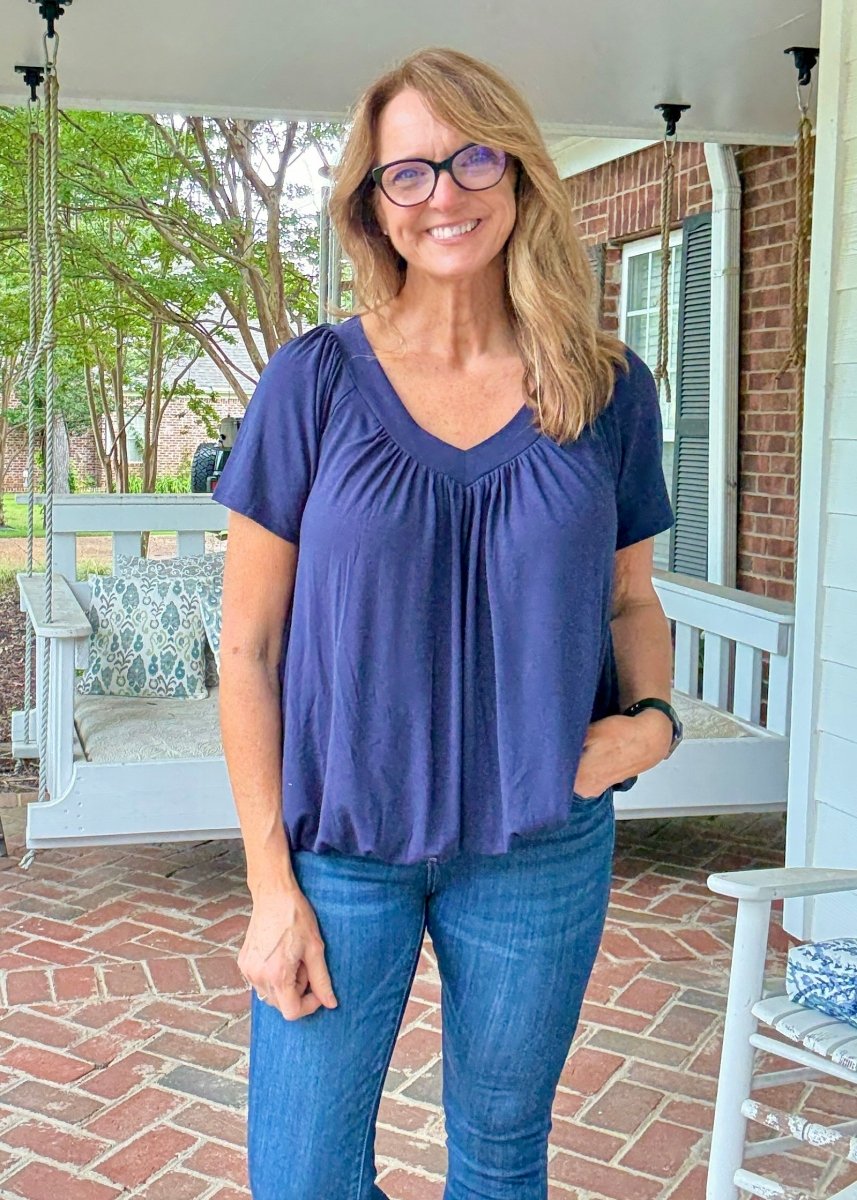 Vivian V Neck Shirring Top - Navy - Casual Top - Jimberly's Boutique - Olive Branch - Mississippi