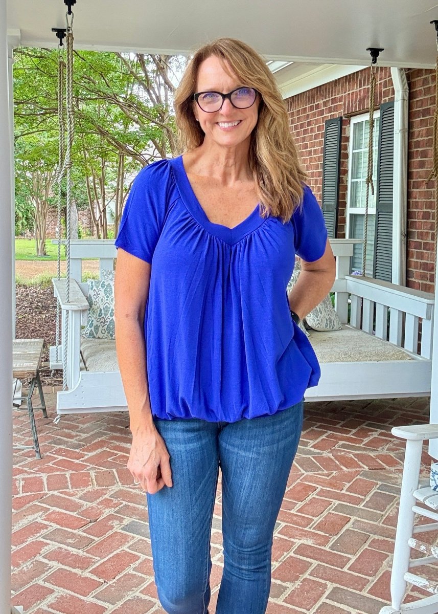 Vivian V Neck Shirring Top - Royal Blue - Casual Top - Jimberly's Boutique - Olive Branch - Mississippi