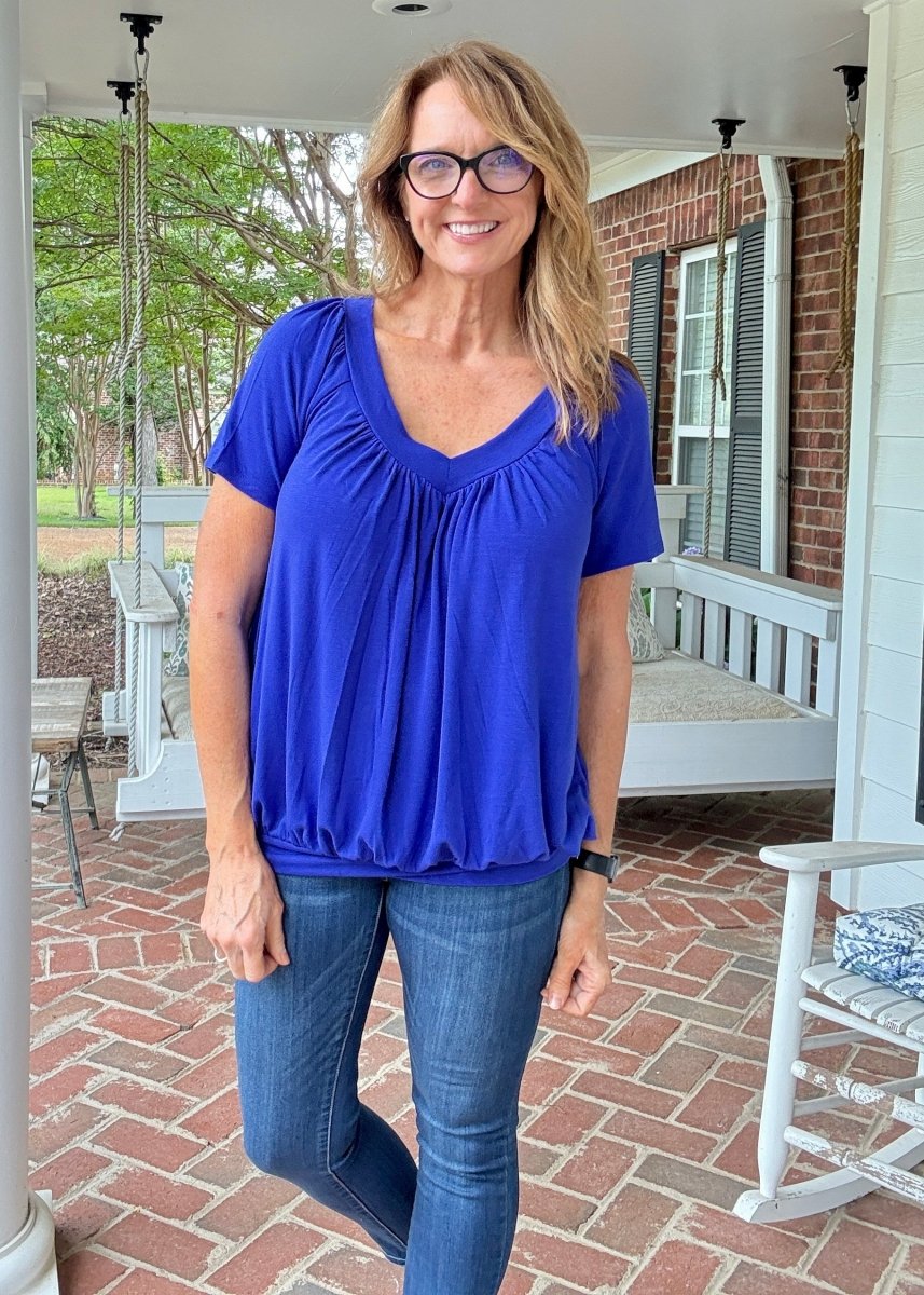 Vivian V Neck Shirring Top - Royal Blue - Casual Top - Jimberly's Boutique - Olive Branch - Mississippi