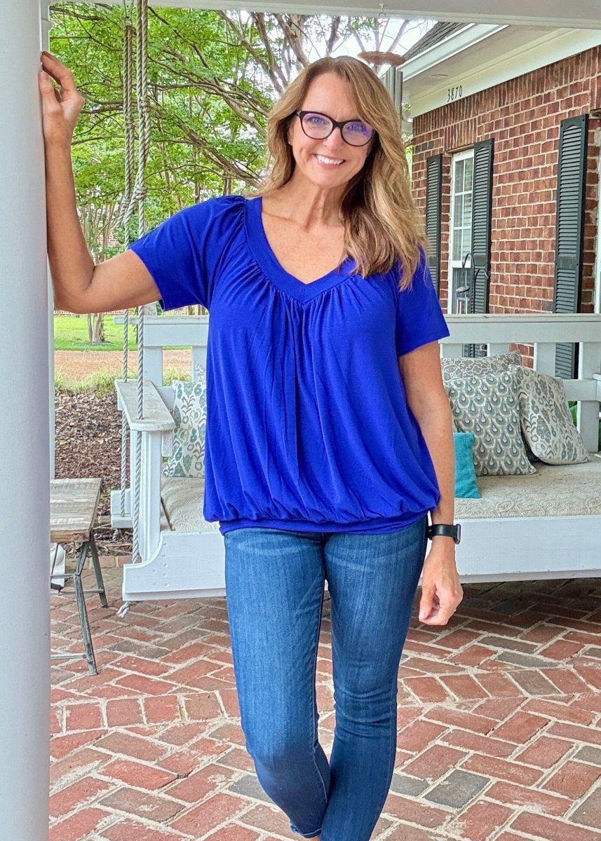 Vivian V Neck Shirring Top - Royal Blue - Casual Top - Jimberly's Boutique - Olive Branch - Mississippi