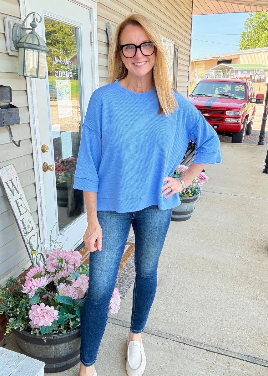 Waffle Knit 3/4 Sleeve Top - Cornflower Blue | Zenana - Casual Top -Jimberly's Boutique-Olive Branch-Mississippi