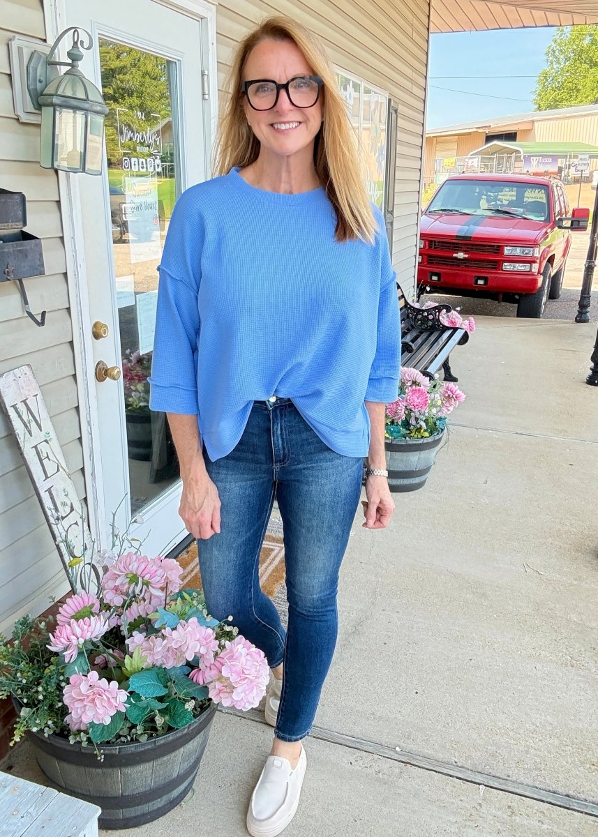 Waffle Knit 3/4 Sleeve Top - Cornflower Blue | Zenana - Casual Top -Jimberly's Boutique-Olive Branch-Mississippi